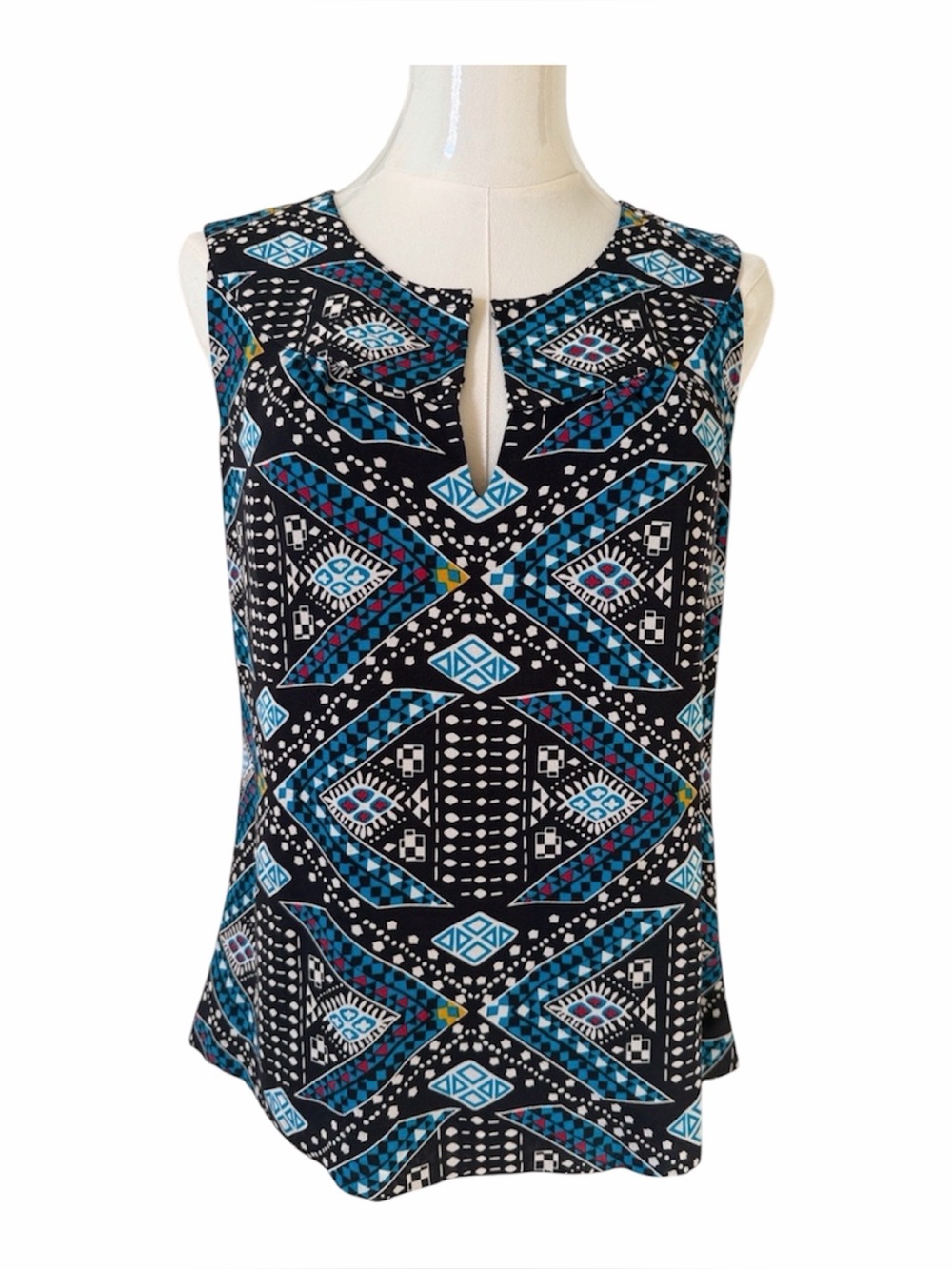 Tory Burch Sleeveless Geometric Print Tank Top - Blue , Black, and Teal Size 4